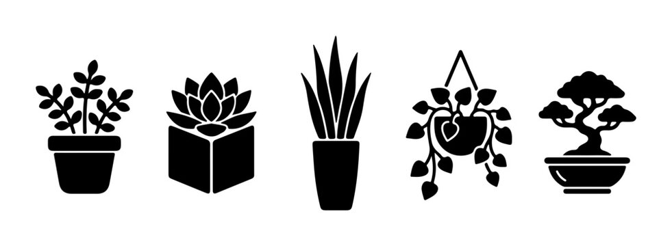 Set of 5 Black Silhouette Potted Plants, Houseplants, Bonsai Tree, Hanging Plant Icons
