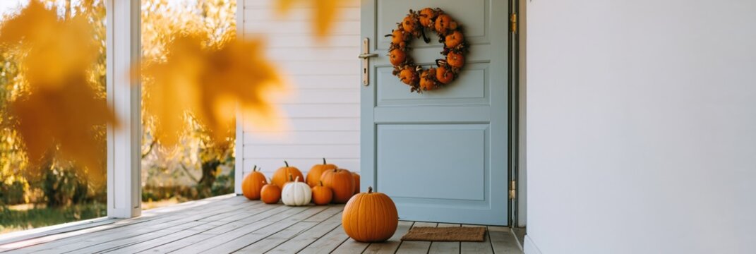 Autumn front porch with pumpkins and wreath for fall seasonal background and halloween thanksgiving home decoration