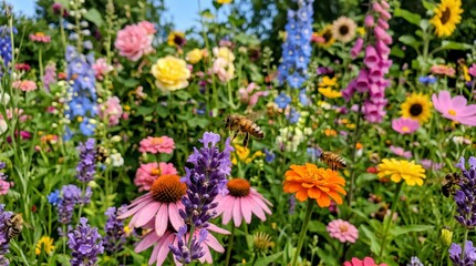 Obraz premium Honeybees hover among lavender, coneflowers, zinnias, foxgloves and other colorful summer blooms, ideal for gardening, pollinator, and biodiversity promotions.
