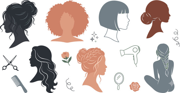 Minimalist Woman Silhouette and Hairstyle Vector Set with Afro, Bun, Bob, and Salon Tools for Beauty Branding and Graphic Designs