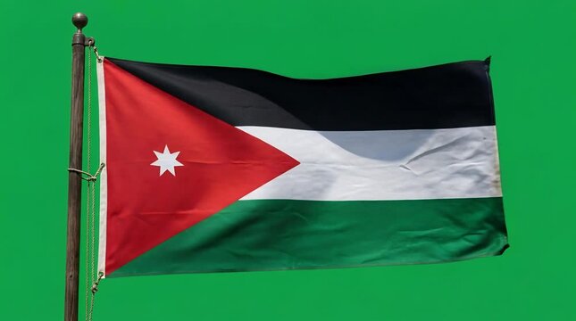 Jordanian flag waving on a wooden pole against green screen, national symbol with red black white green colors, Middle Eastern state