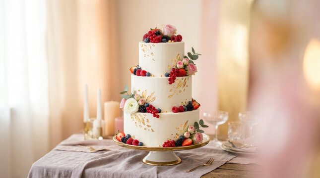 Elegant three tier white wedding cake decorated with fresh mixed berries and delicate floral accents on a cake stand for luxury celebrations today