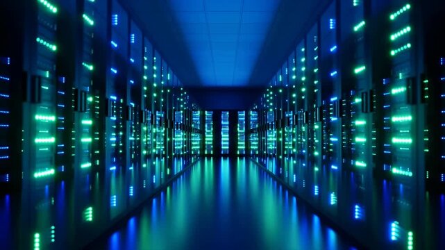 Data center corridor illuminated with blue and green LED lights, showcasing rows of server racks and a polished floor in a high-tech environment
