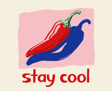 Stay cool chili pepper, red chili blue shadow, spicy pun typography, pop art poster, minimalist graphic, food art, vintage apparel print