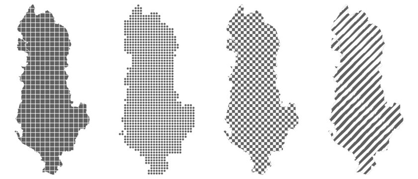 Albania map collection with grid dotted halftone checkerboard and diagonal stripe patterns vector illustration