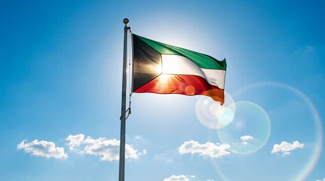 Kuwait national flag waving against a bright blue sky with a glowing sun lens flare, symbol of national pride, sovereignty, Middle East patriotism