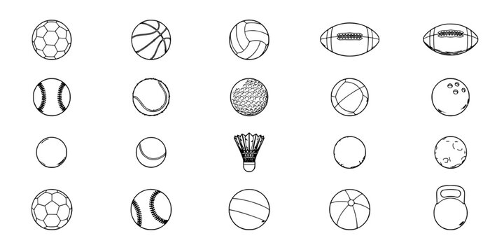 Sports Balls Icons Set Featuring Soccer Basketball Volleyball Football Rugby Cricket and Other Ball Shapes on White Background
