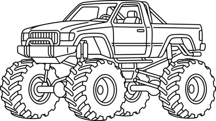 Outline illustration of a monster truck with large tires, off-road vehicle © hendro