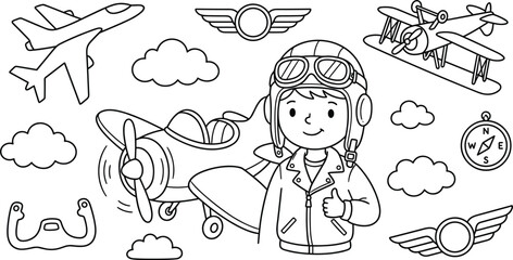 Cute Pilot Boy Aviation Vector Element Set with Airplanes Clouds and Kids Coloring Page Outline © MdAungur