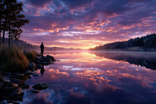 Sunset reflection captures tranquil fishing moment by the lake in nature