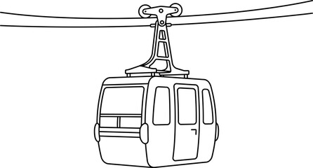 Line art illustration of a cable car cabin suspended from wires against a white background. © hakim