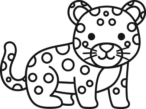 Cute cartoon leopard cub outline, black and white, simple drawing for coloring, isolated on white background.