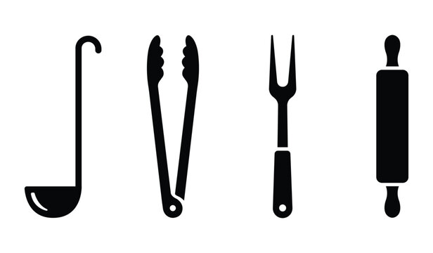 Minimalist black vector graphic set of kitchen utensils including ladle tongs fork and rolling pin