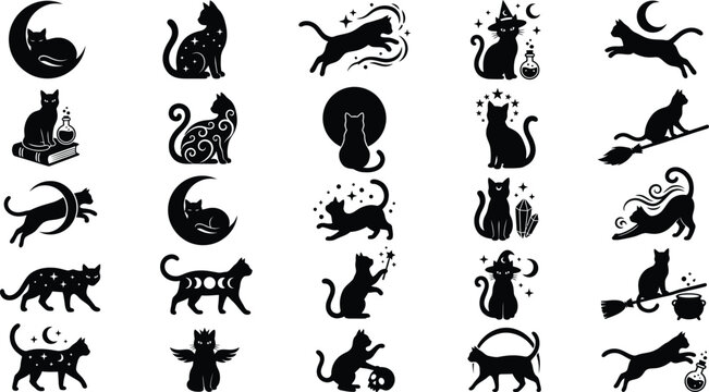 Witch Black Cat Silhouette Vector Asset for Halloween Magic Design Bundle