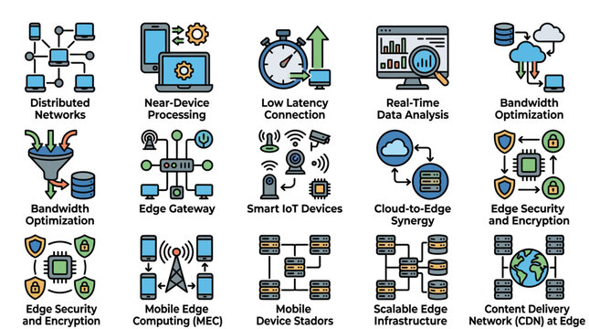 Edge computing and distributed network infrastructure icons