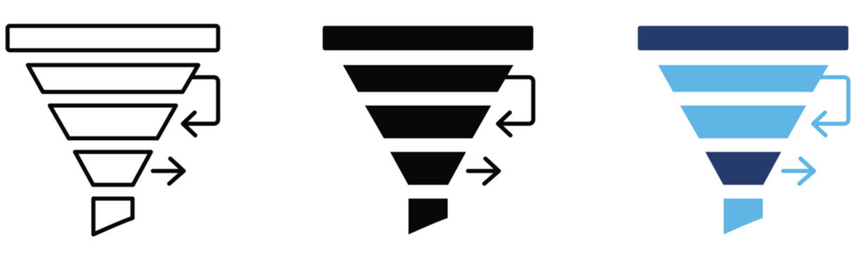 Minimalist sales funnel vector graphic illustration showing three distinct styles with clean lines and shapes