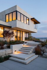 Fototapeta premium Contemporary waterfront house with cantilevered upper level and illuminated stone steps for architectural background and modern real estate design