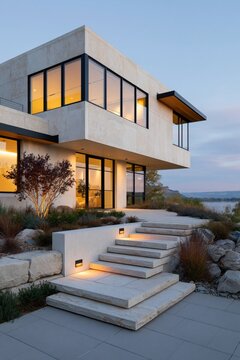 Contemporary waterfront house with cantilevered upper level and illuminated stone steps for architectural background and modern real estate design