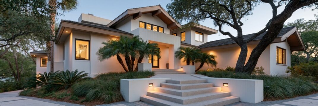 Modern craftsman residence exterior with palm landscaping and lit entrance steps at dusk for real estate banner design
