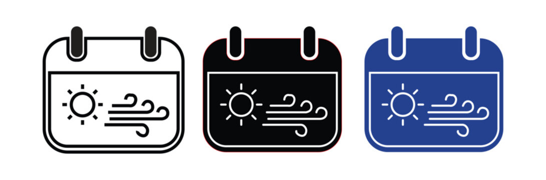 Vector graphic illustration of weather calendar icons in different colors and designs daily planner symbols