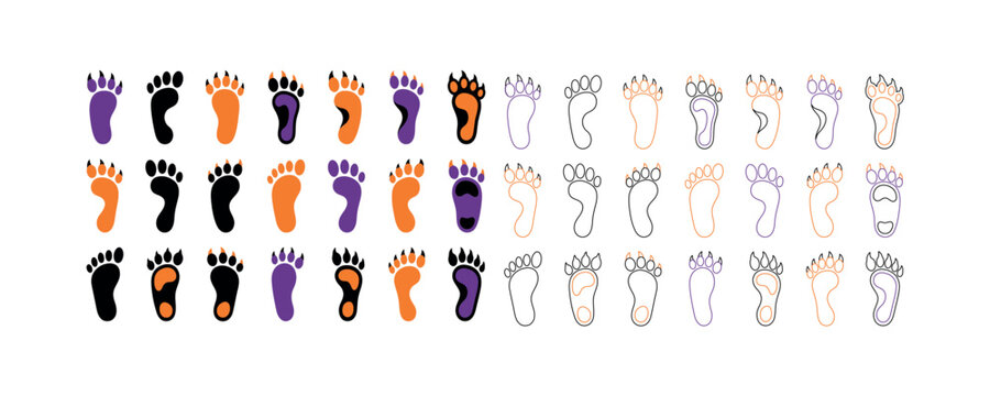 Set of diverse human footprints walking forward. Vector illustration of multiple bare feet tracks in various directions.