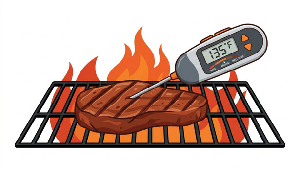 BBQ grilled steak with meat thermometer cooking icon vector illustration isolated on white background
