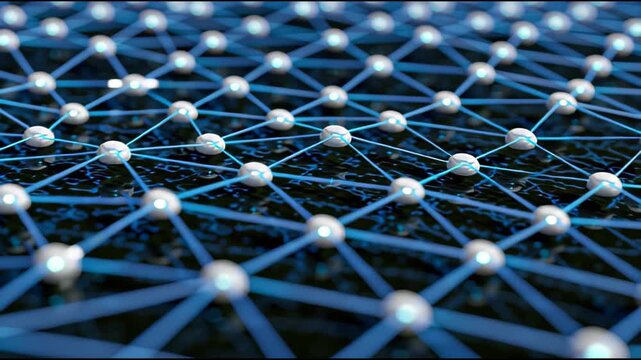 Blue technology network grid with glowing connection nodes, digital technology and data network concept background