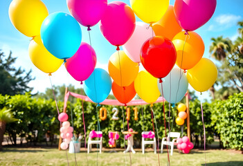 Fototapeta premium Colorful balloons floating at outdoor birthday party