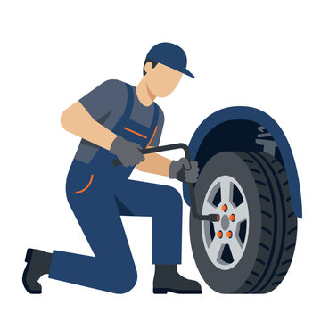 Flat vector illustration of a mechanic auto repairman kneeling and servicing a car tire