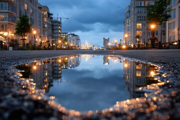 Fototapeta premium Cityscape Reflected in Puddle at Dusk