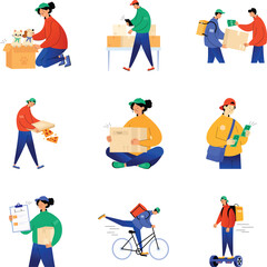 Fototapeta premium Modern courier illustrations featuring hoverboard transport, medicine delivery, and parcel service during rainy weather. 