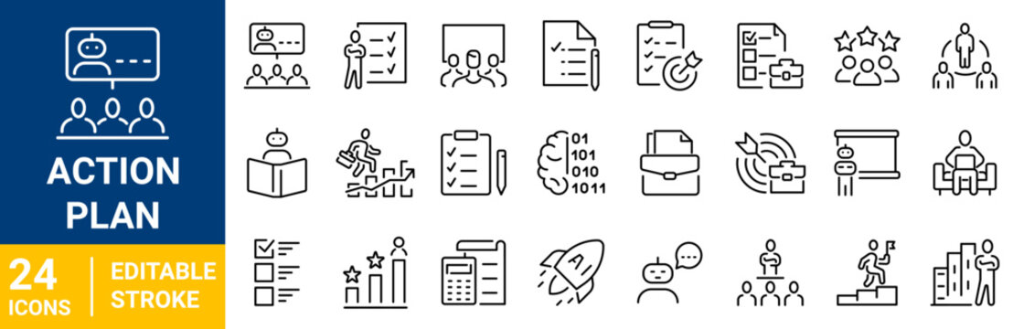 Action Plan web Line Icons set. Outline icon collection. Editable stroke. Vector illustration