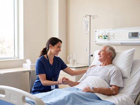 A smiling nurse holds the hand of an elderly male patient lying in a hospital bed, offering comfort and care