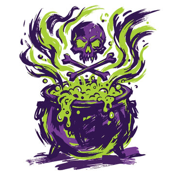 A graphic illustration features a dark purple cauldron bubbling with glowing green liquid, emitting noxious fumes that form around a menacing skull and crossbones