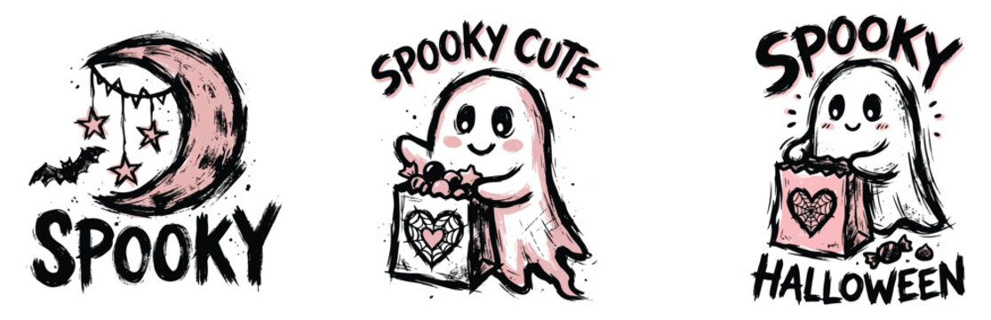 A collection of three hand-drawn pastel pink Halloween graphics featuring a starry crescent moon and adorable blushing ghosts holding trick-or-treat bags