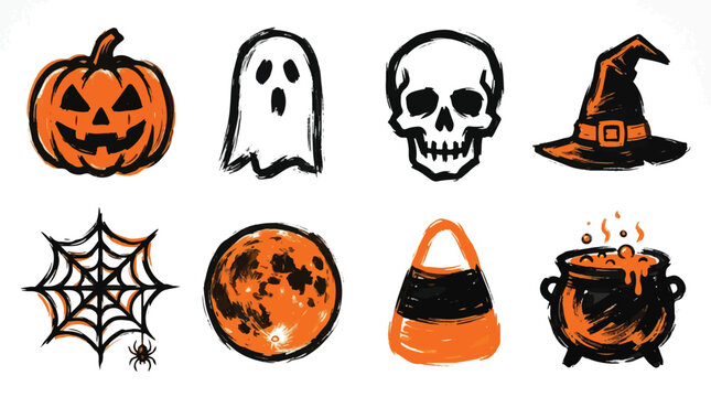 A collection of eight hand-drawn Halloween icons including a jack-o'-lantern, ghost, skull, witch hat, spiderweb, full moon, candy corn, and cauldron in orange and black ink strokes