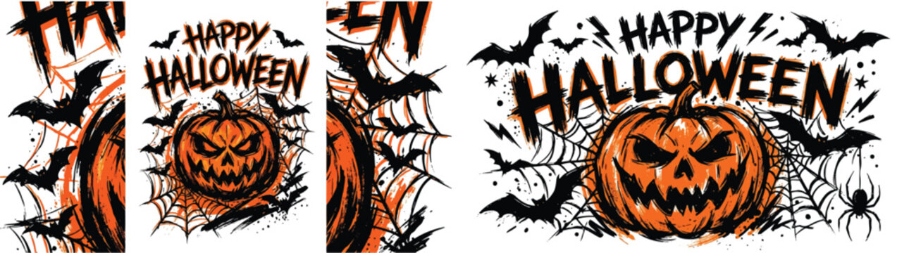 An aggressive, hard brush stroke illustration features a menacing orange jack-o'-lantern surrounded by swarming black bats, intricate spiderwebs, and bold text