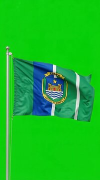 Waving flag with green, blue, and white stripes featuring a central heraldic emblem on a green screen background
