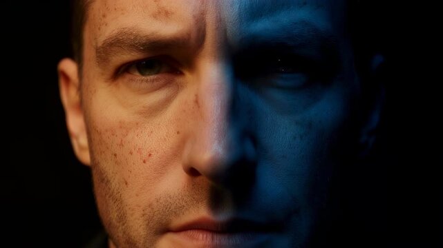Extreme close-up of a man's face with split red and blue lighting. Intense gaze of a somber male looking at camera. Mental health and depression concept