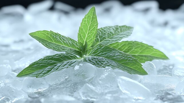 Green mint leaf on crushed ice surface macro shot refreshing detail