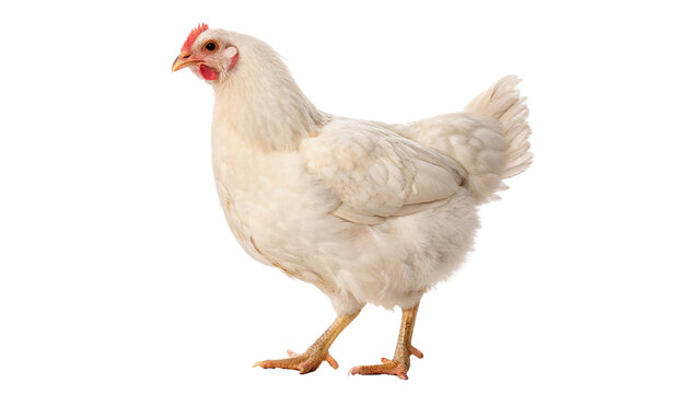 Live domestic white hen chicken poultry bird standing isolated on a transparent background