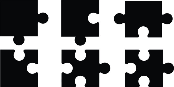 Puzzle piece silhouette icon set, black jigsaw vector collection for teamwork, connection and problem solving concepts