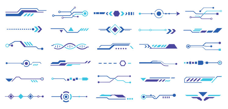 Set of futuristic digital interface elements featuring various geometric shapes, lines, arrows, and circuit patterns for modern HUD and UI design concepts in a flat vector style