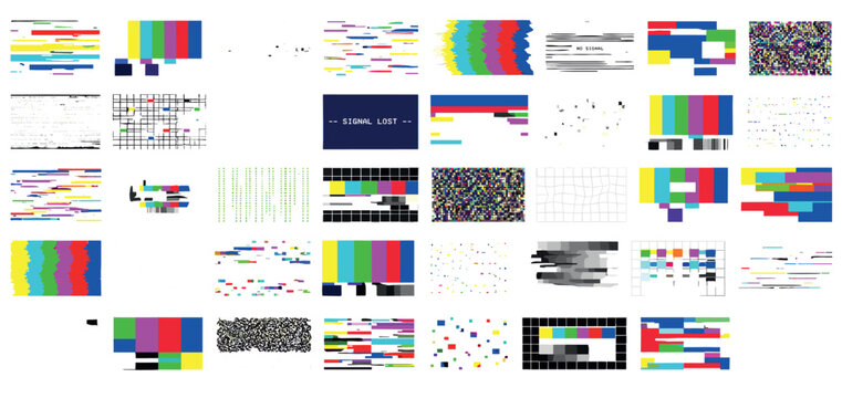 Diverse set of abstract glitch art elements featuring colorful TV test bars, pixelated distortion, static noise, and error messages like 'signal lost' for a digital disruption theme