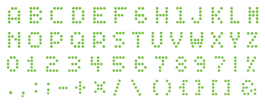 Green dot matrix digital alphabet font with numbers and punctuation symbols in a retro electronic display style, showing the complete character set for typography
