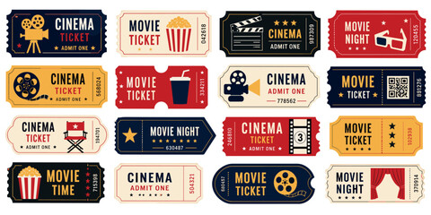 Fototapeta na wymiar Collection of vintage style movie tickets featuring various cinema icons like popcorn, film reels, and clapperboards in a colorful retro design for entertainment events