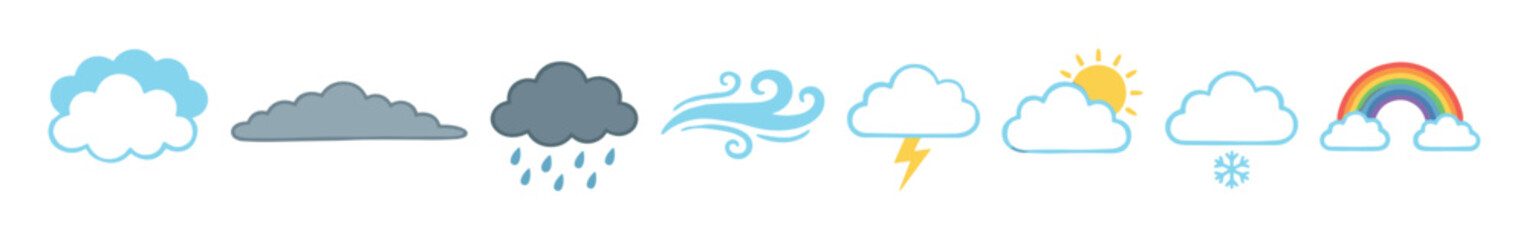 Naklejka premium Set of colorful hand-drawn style weather icons illustrates various forecast symbols like a sunny cloud, rainy day, windy gust, thunderstorm, snowflake, and a vibrant rainbow