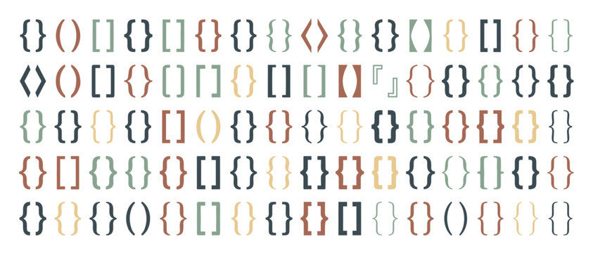 Diverse collection of bracket punctuation symbols in a muted color palette, featuring curly braces, parentheses, and square brackets arranged in a clean, repeating pattern