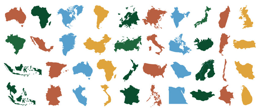 Collection of colorful country and continent map silhouettes arranged in a grid, representing global geography, international travel, and diverse nations of the world