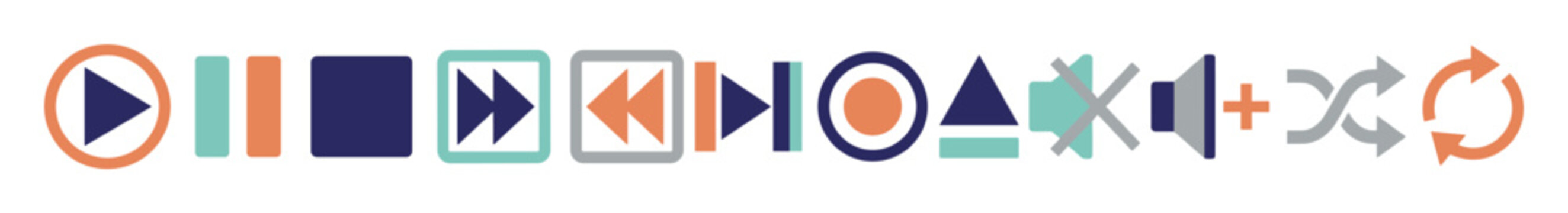 Colorful set of media player control icons arranged in a row, featuring play, pause, stop, rewind, volume, and shuffle symbols in a flat, minimalist design
